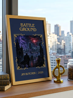 Battle Ground Classic Book Art Print by Jim Butcher – framed print on a city-view windowsill