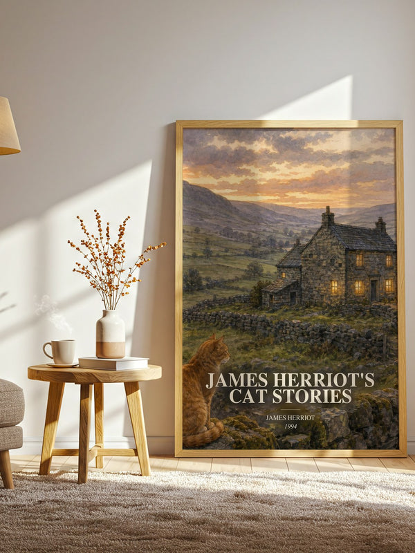 James Herriot'S Cat Stories watercolour print in frame leaning in hallway – memoir wall art
