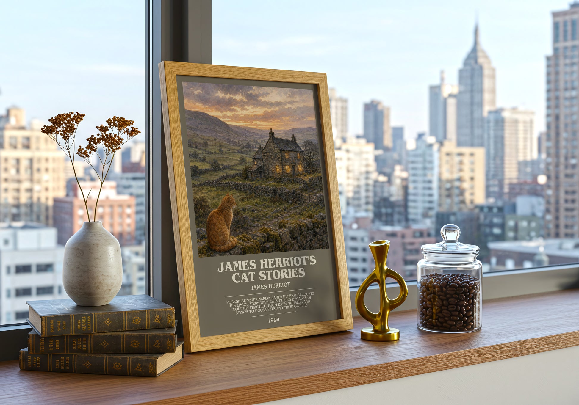 James Herriot'S Cat Stories bookish print framed by window – literary home decor