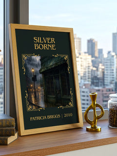 Silver Borne Classic Book Art Print by Patricia Briggs – framed print on a city-view windowsill