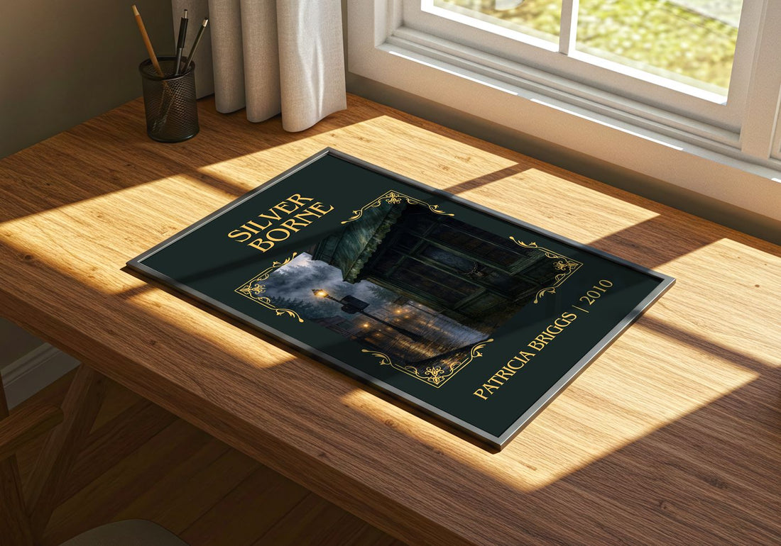 Silver Borne Classic Book Art Print by Patricia Briggs – print on a sunlit desk