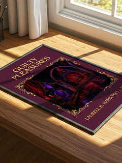 Guilty Pleasures Classic Book Art Print by Laurell K. Hamilton – print on a sunlit desk
