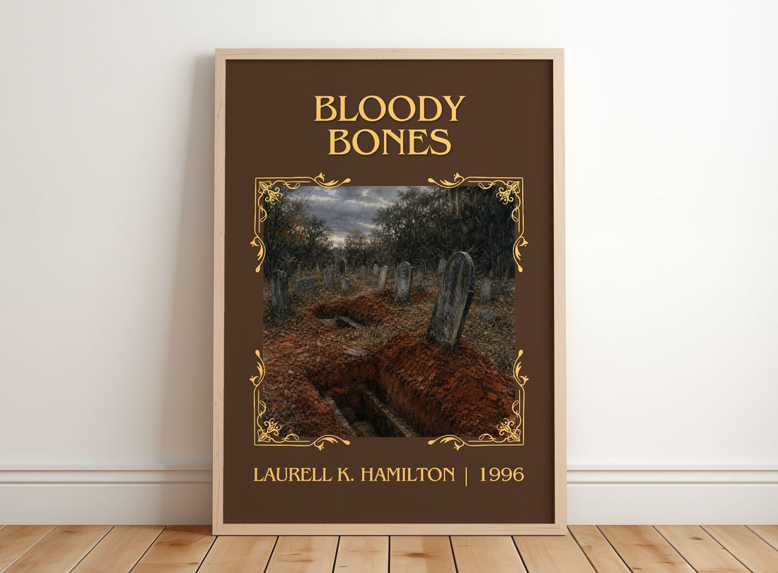 Bloody Bones Classic Book Art Print by Laurell K. Hamilton – framed print leaning on a wooden floor