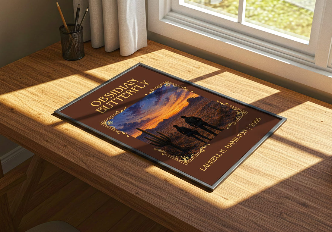 Obsidian Butterfly Classic Book Art Print by Laurell K. Hamilton – print on a sunlit desk