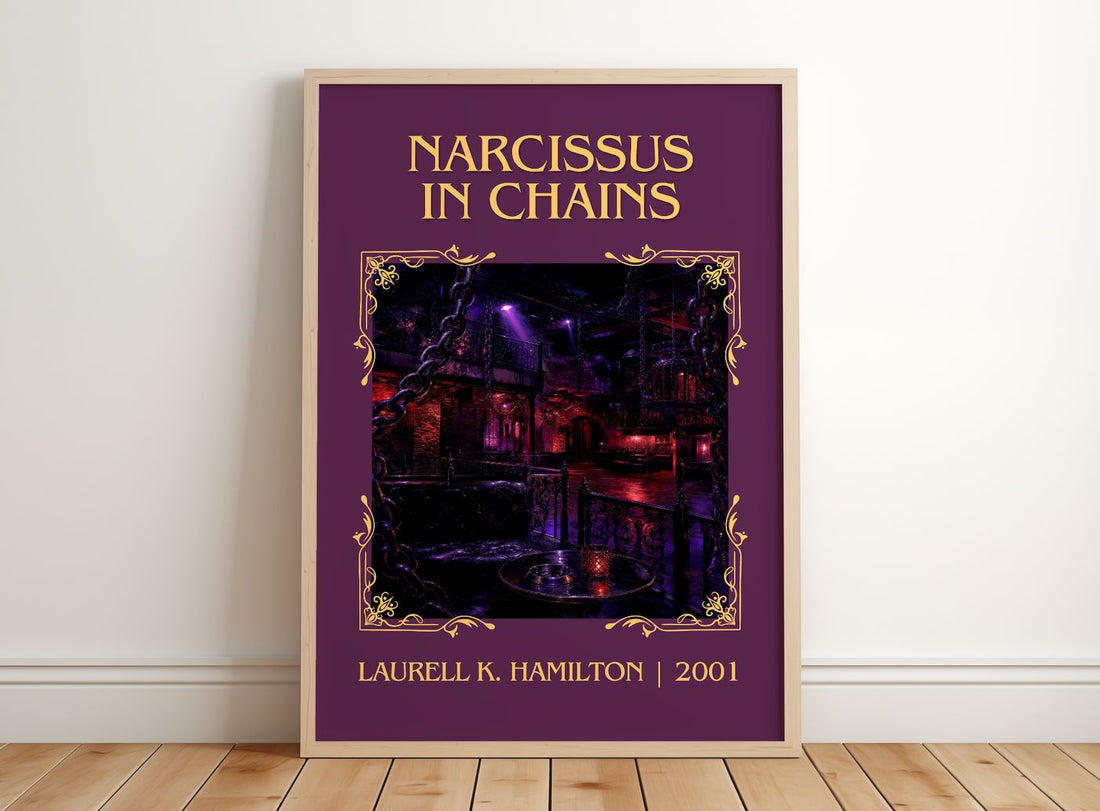 Narcissus in Chains Classic Book Art Print by Laurell K. Hamilton – framed print leaning on a wooden floor