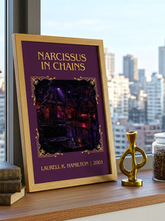 Narcissus in Chains Classic Book Art Print by Laurell K. Hamilton – framed print on a city-view windowsill