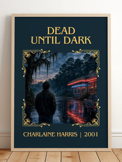 Dead Until Dark Classic Book Art Print by Charlaine Harris – framed print leaning on a wooden floor