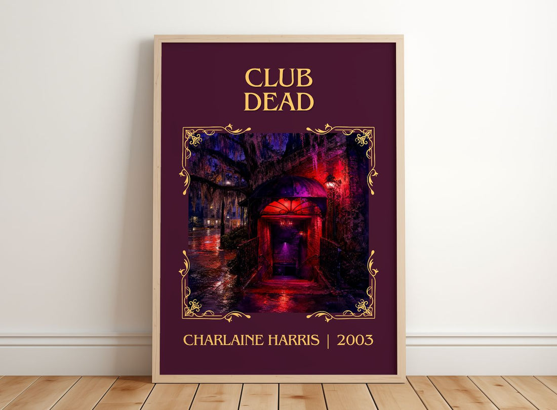 Club Dead Classic Book Art Print by Charlaine Harris – framed print leaning on a wooden floor
