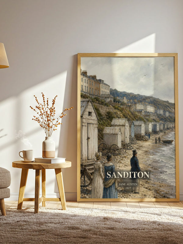 Sanditon watercolour print in frame leaning in hallway – classic literature wall art