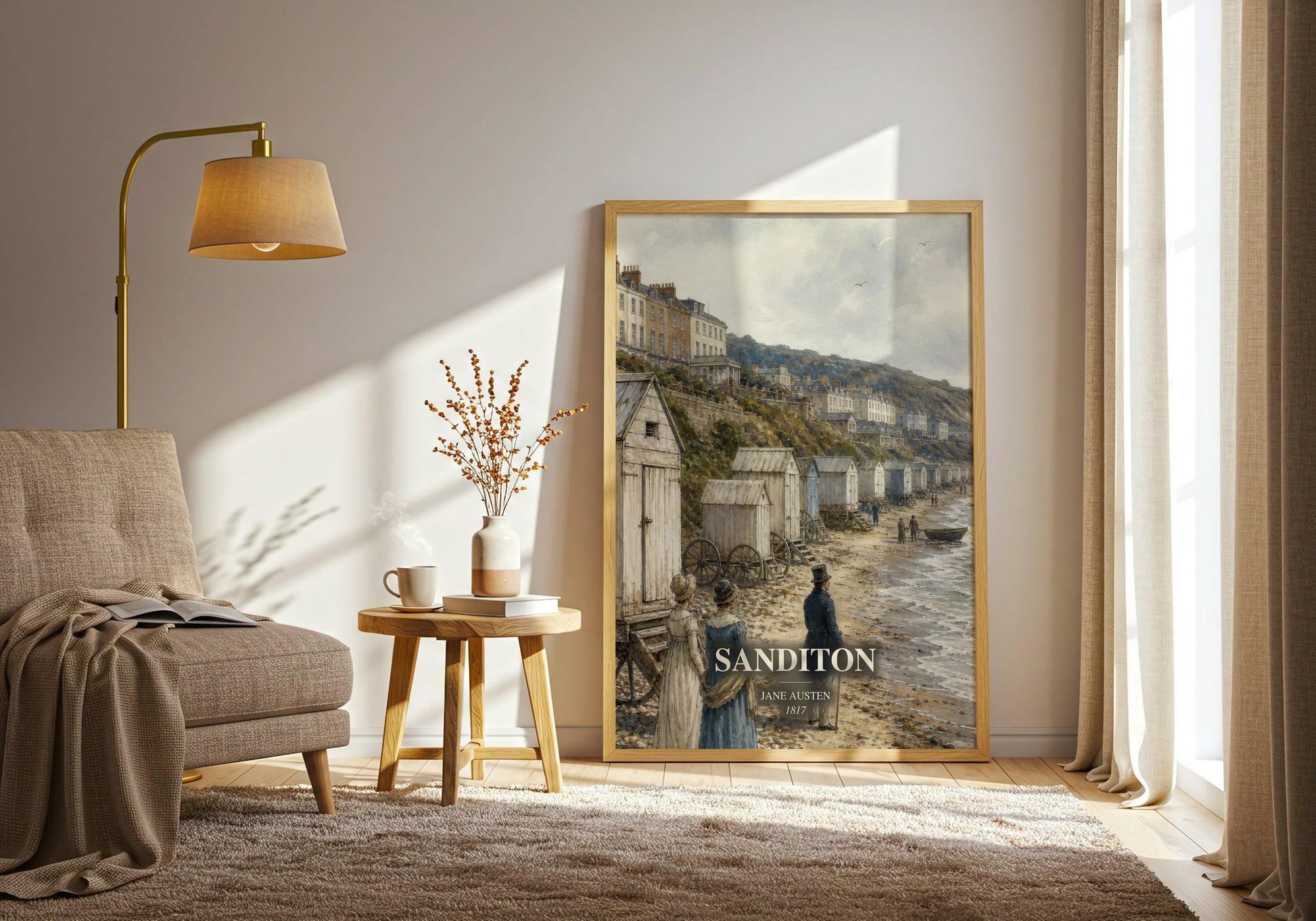 Sanditon watercolour print in frame leaning in hallway – classic literature wall art