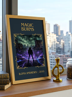 Magic Burns Classic Book Art Print by Ilona Andrews – framed print on a city-view windowsill