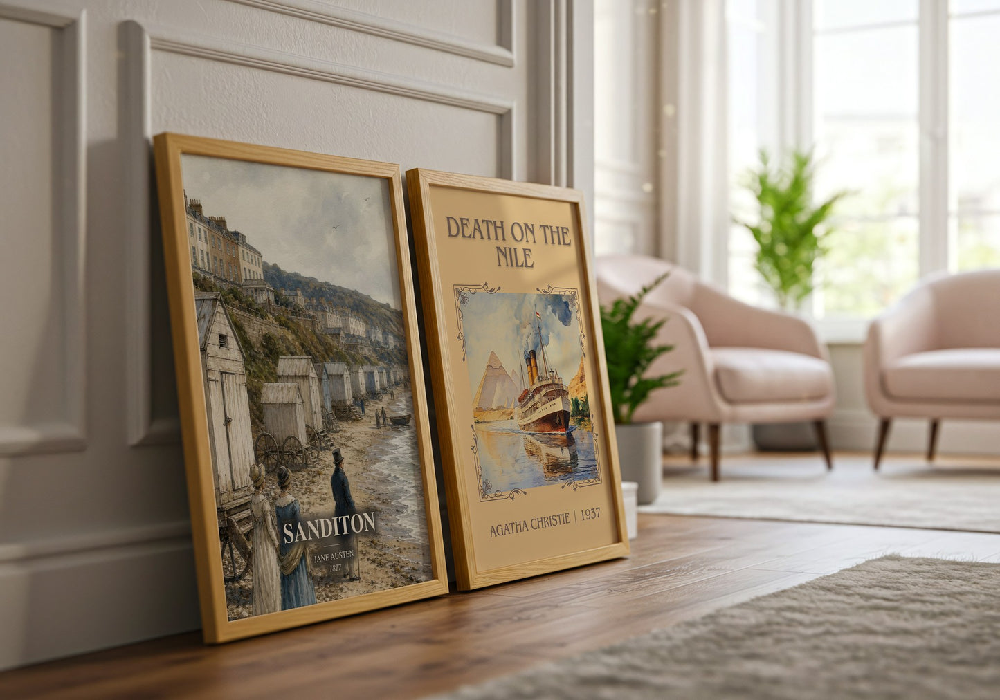 Sanditon watercolour print framed by window – literary home decor