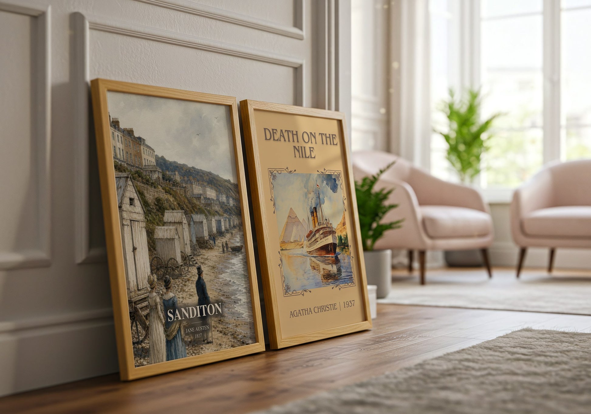 Sanditon watercolour print framed by window – literary home decor