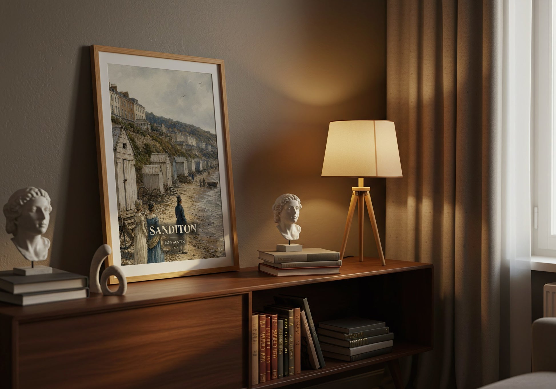 Sanditon watercolour print on bookshelf – Jane Austen fan gift