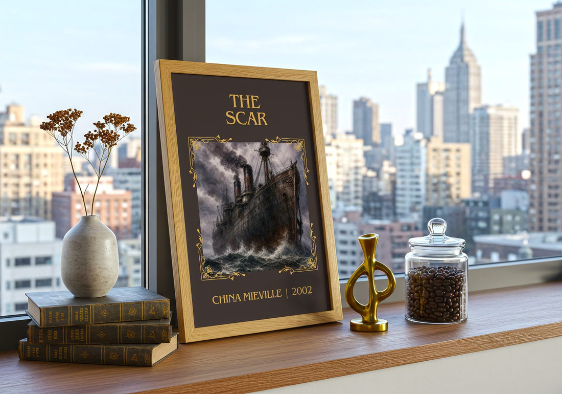 The Scar Classic Book Art Print by China Miéville – framed print on a city-view windowsill