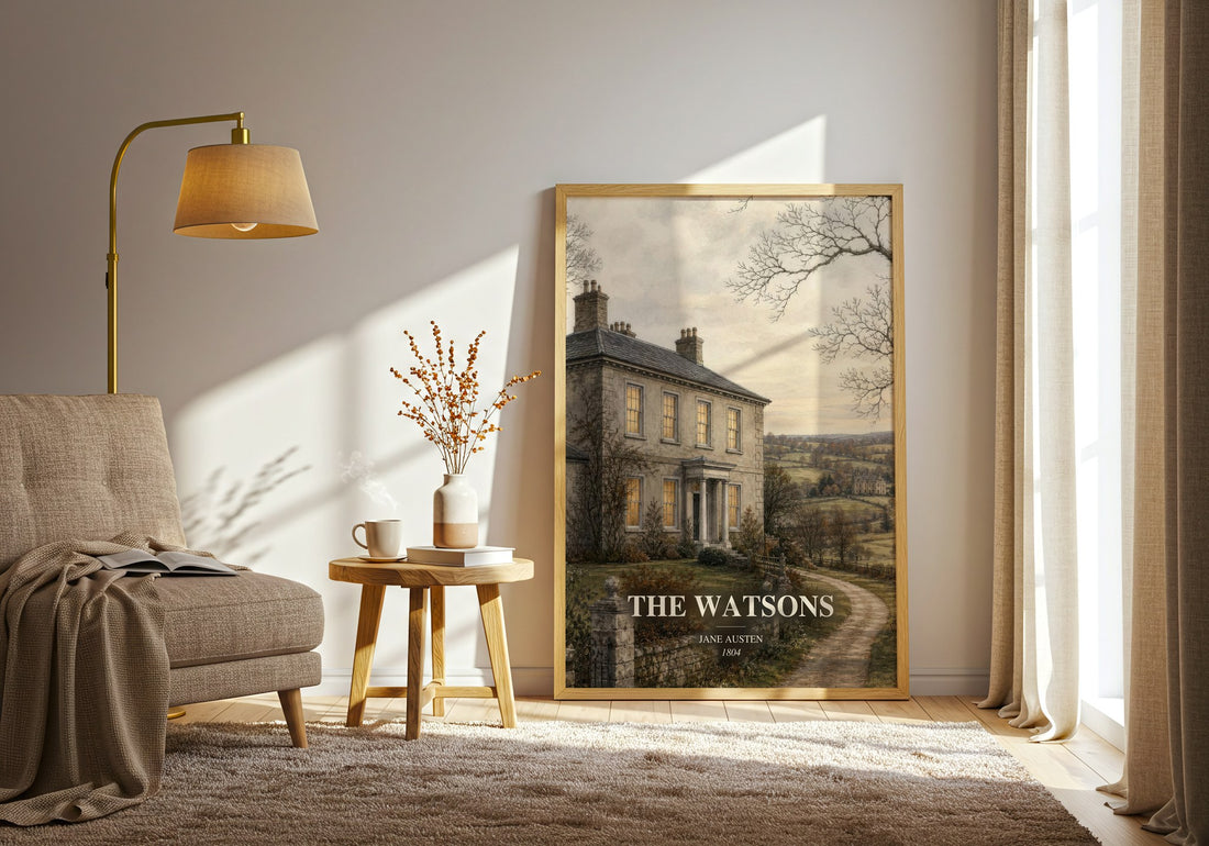 The Watsons watercolour print in frame leaning in hallway – classic literature wall art (mockup)