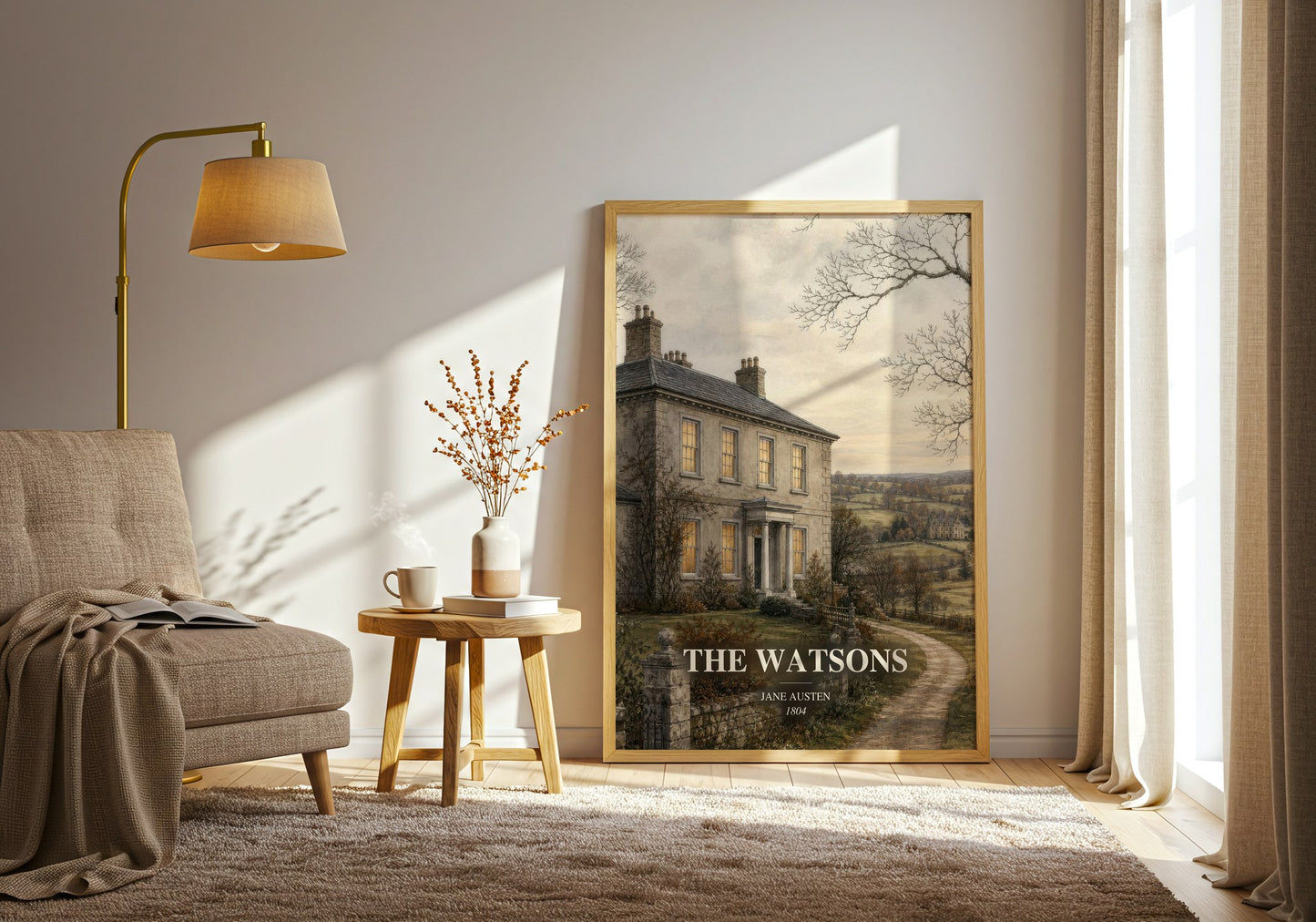 The Watsons watercolour print in frame leaning in hallway – classic literature wall art