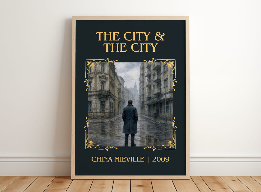 The City & the City Classic Book Art Print by China Miéville – framed print leaning on a wooden floor