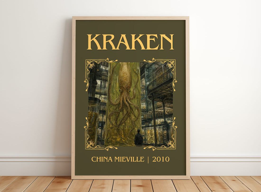 Kraken Classic Book Art Print by China Miéville – framed print leaning on a wooden floor