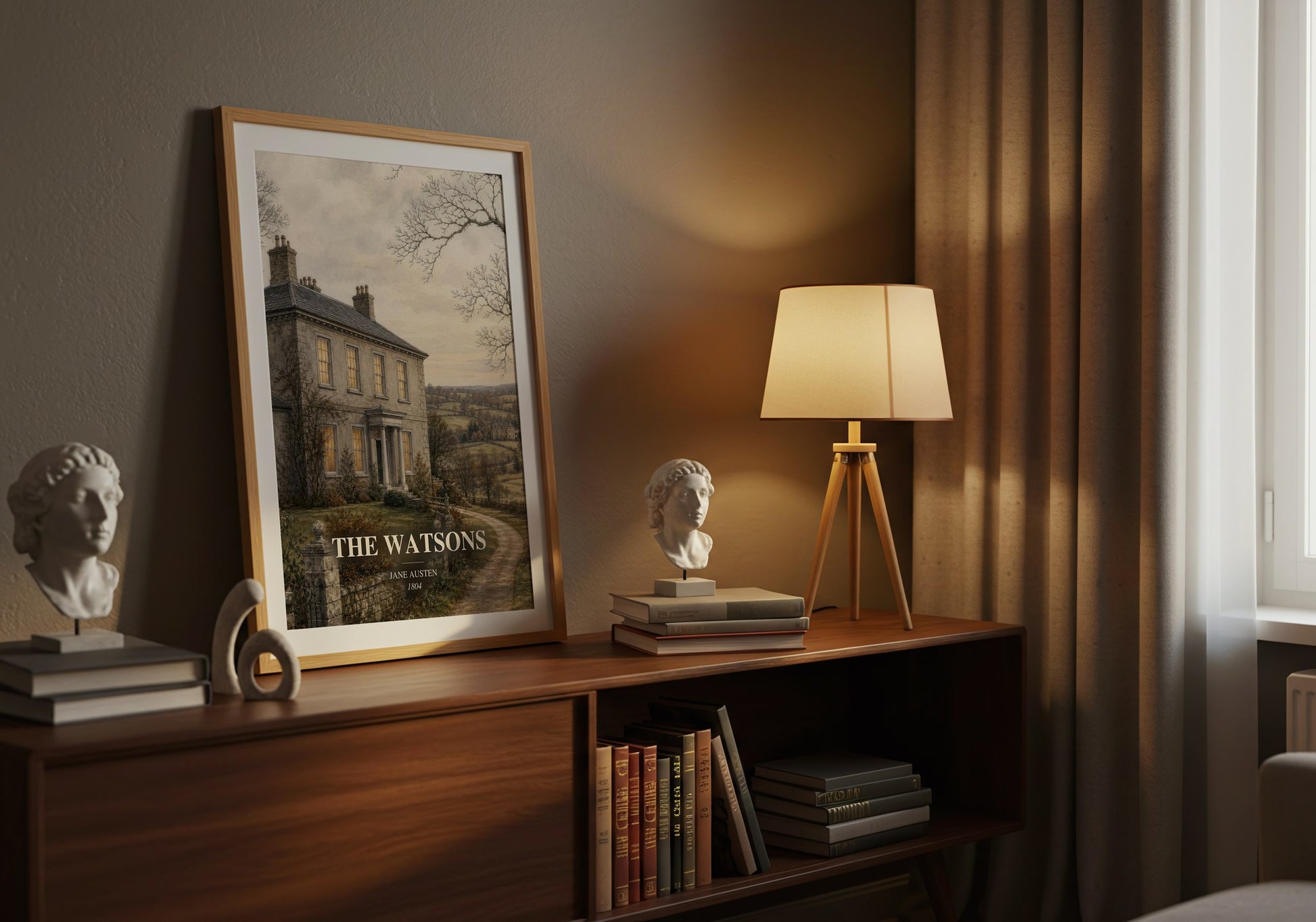The Watsons watercolour print on bookshelf – Jane Austen fan gift