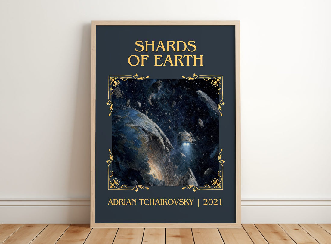 Shards of Earth Classic Book Art Print by Adrian Tchaikovsky – framed print leaning on a wooden floor