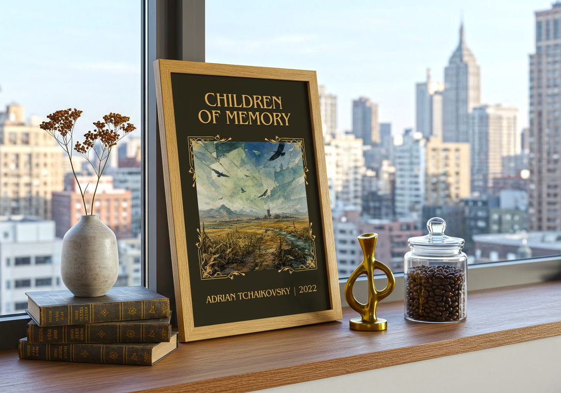 Children of Memory Classic Book Art Print by Adrian Tchaikovsky – framed print on a city-view windowsill