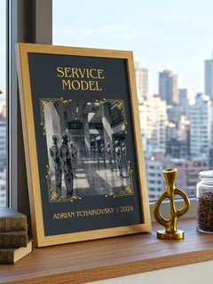 Service Model Classic Book Art Print by Adrian Tchaikovsky – framed print on a city-view windowsill