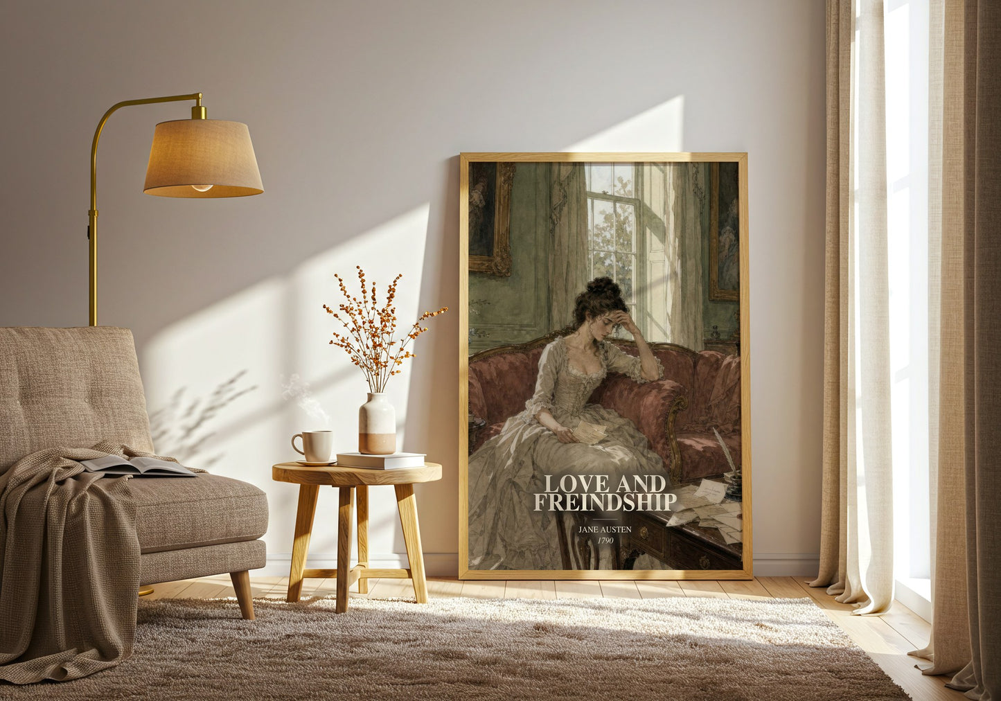 Love And Freindship watercolour print in frame leaning in hallway – classic literature wall art