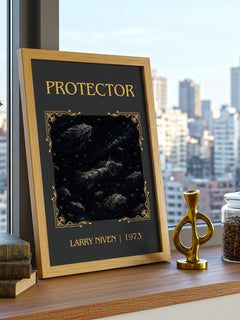 Protector Classic Book Art Print by Larry Niven – framed print on a city-view windowsill
