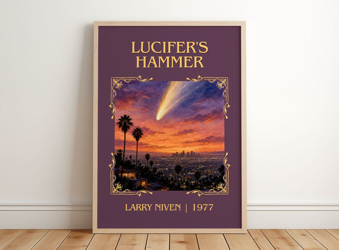 Lucifer's Hammer Classic Book Art Print by Larry Niven – framed print leaning on a wooden floor
