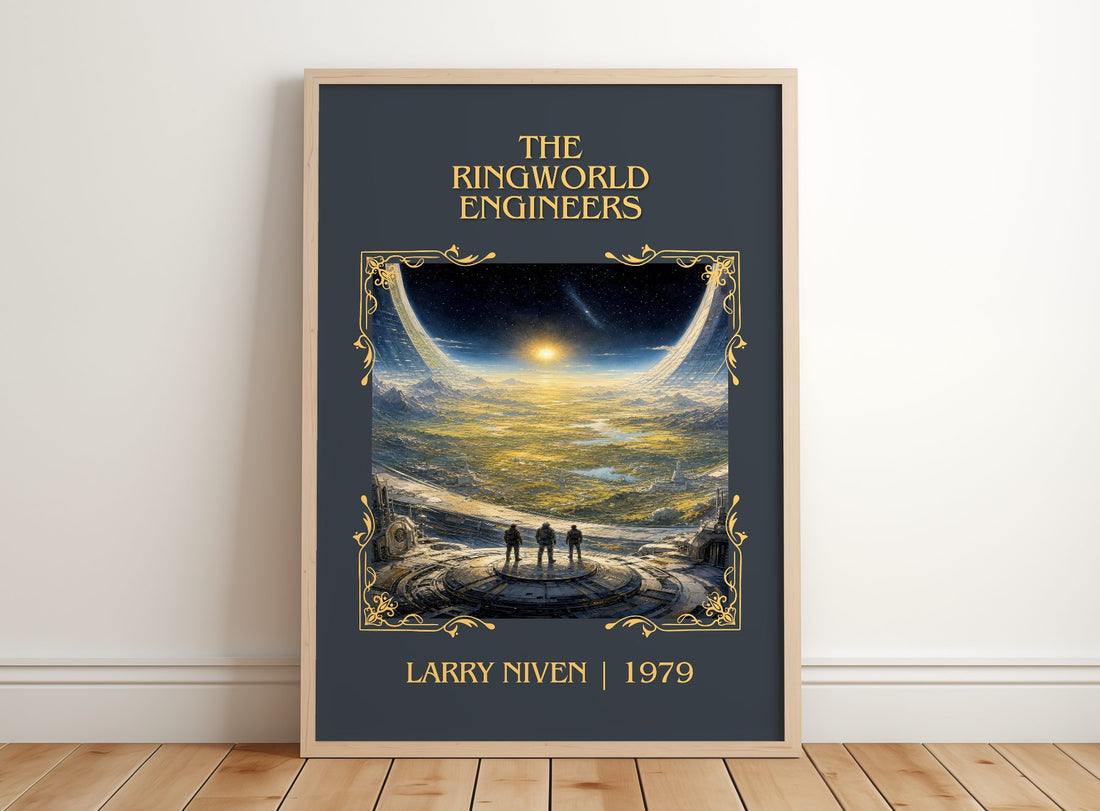 The Ringworld Engineers Classic Book Art Print by Larry Niven – framed print leaning on a wooden floor