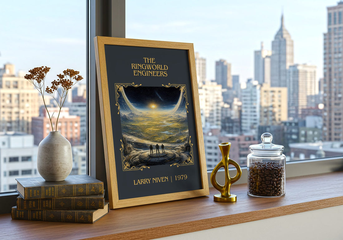 The Ringworld Engineers Classic Book Art Print by Larry Niven – framed print on a city-view windowsill