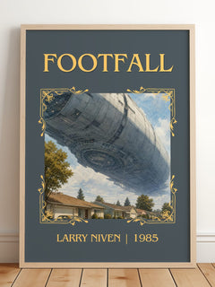 Footfall Classic Book Art Print by Larry Niven – framed print leaning on a wooden floor