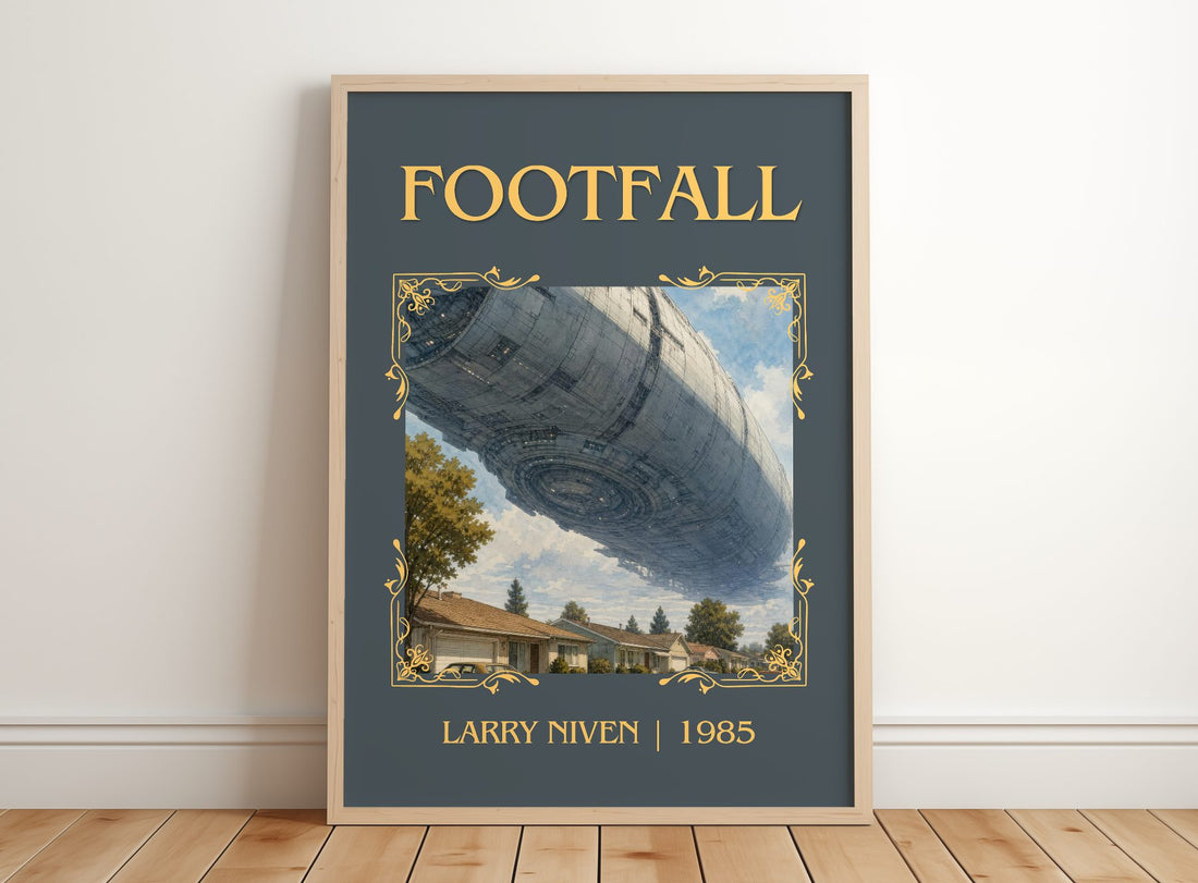 Footfall Classic Book Art Print by Larry Niven – framed print leaning on a wooden floor