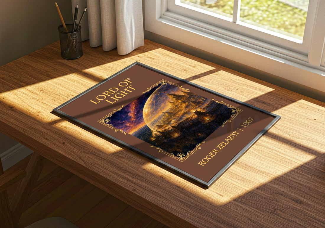 Lord of Light Classic Book Art Print by Roger Zelazny – print on a sunlit desk