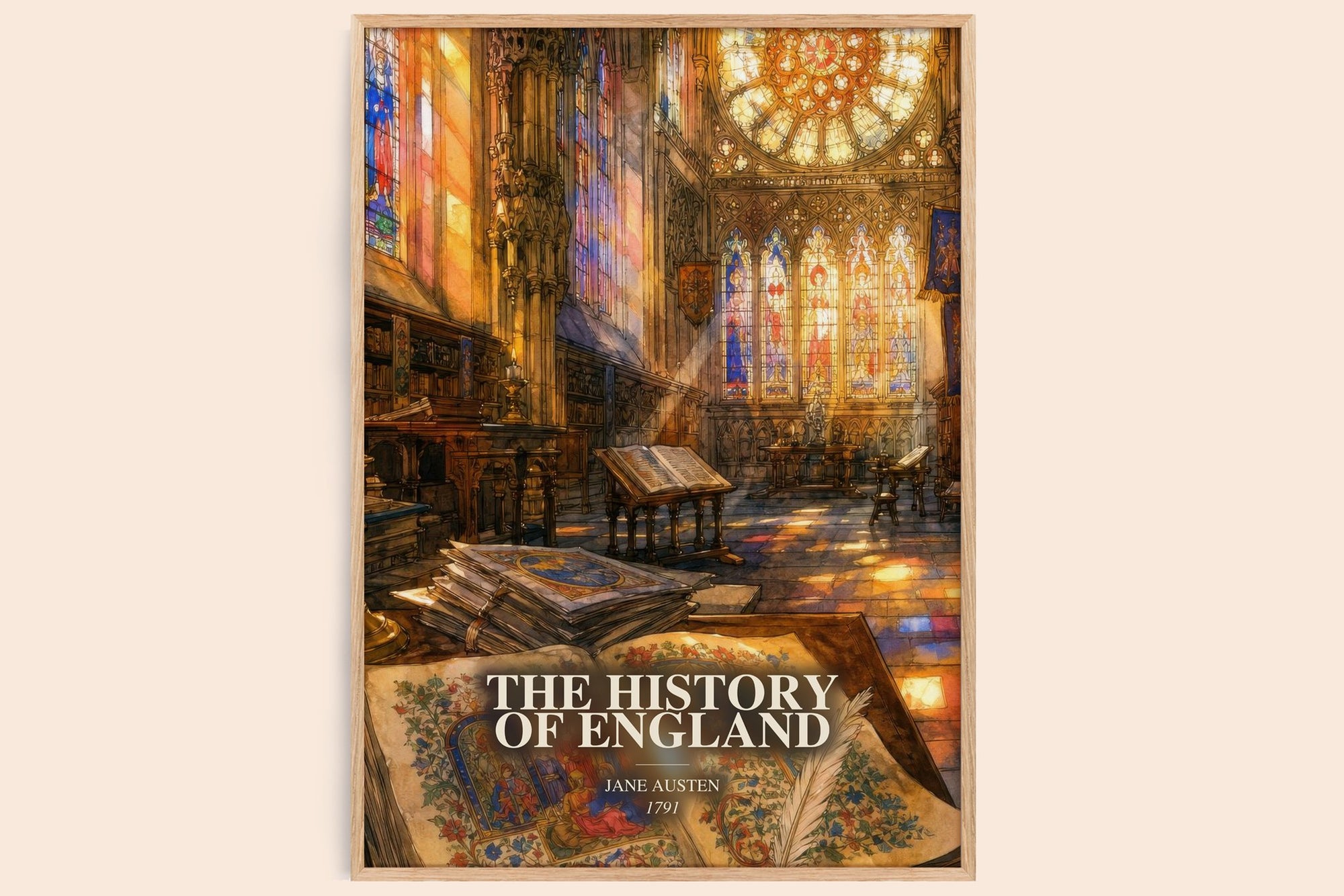 The History Of England watercolour book poster by Jane Austen – framed literary art print