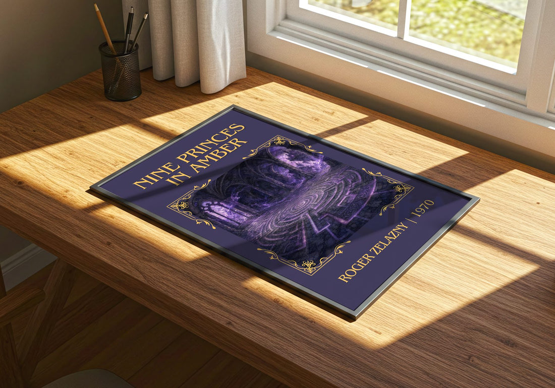 Nine Princes in Amber Classic Book Art Print by Roger Zelazny – print on a sunlit desk