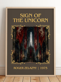Sign of the Unicorn Classic Book Art Print by Roger Zelazny – framed print leaning on a wooden floor