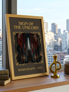 Sign of the Unicorn Classic Book Art Print by Roger Zelazny – framed print on a city-view windowsill