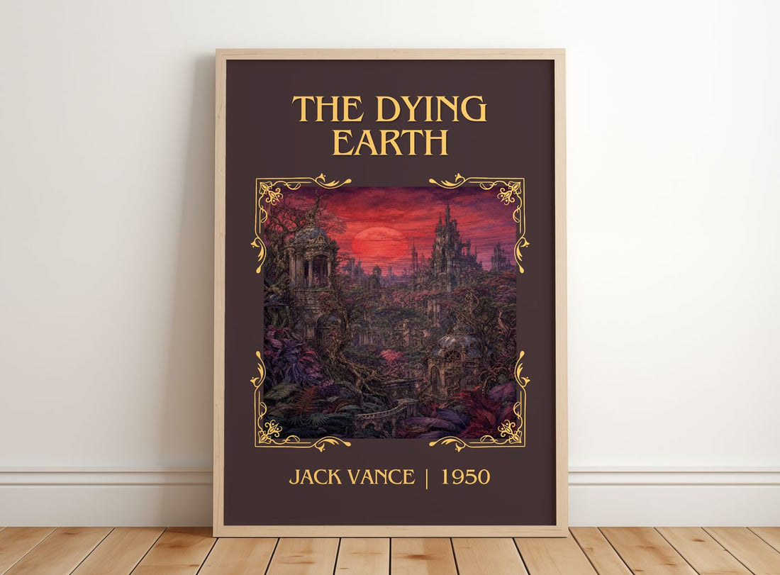The Dying Earth Classic Book Art Print by Jack Vance – framed print leaning on a wooden floor