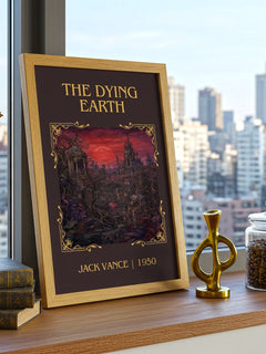 The Dying Earth Classic Book Art Print by Jack Vance – framed print on a city-view windowsill