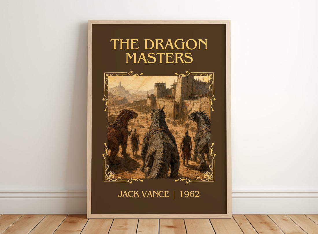 The Dragon Masters Classic Book Art Print by Jack Vance – framed print leaning on a wooden floor
