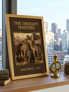 The Dragon Masters Classic Book Art Print by Jack Vance – framed print on a city-view windowsill