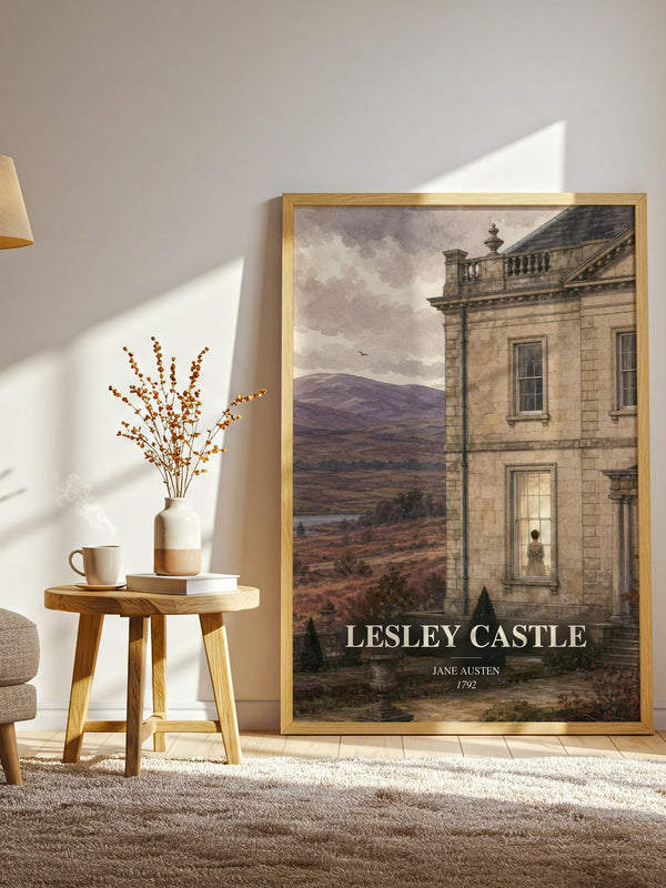 Lesley Castle watercolour print in frame leaning in hallway – classic literature wall art