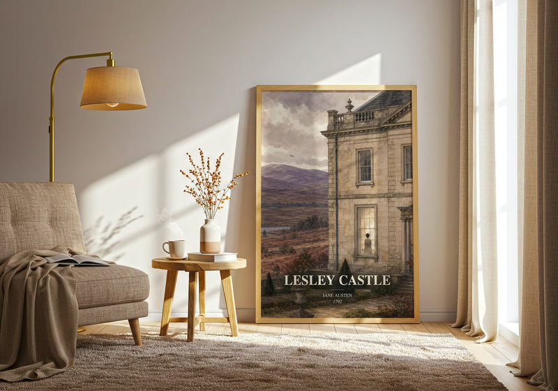 Lesley Castle watercolour print in frame leaning in hallway – classic literature wall art