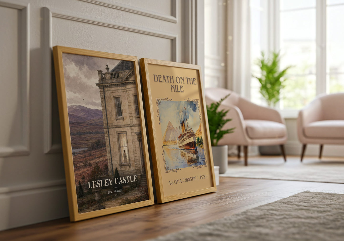 Lesley Castle watercolour print framed by window – literary home decor