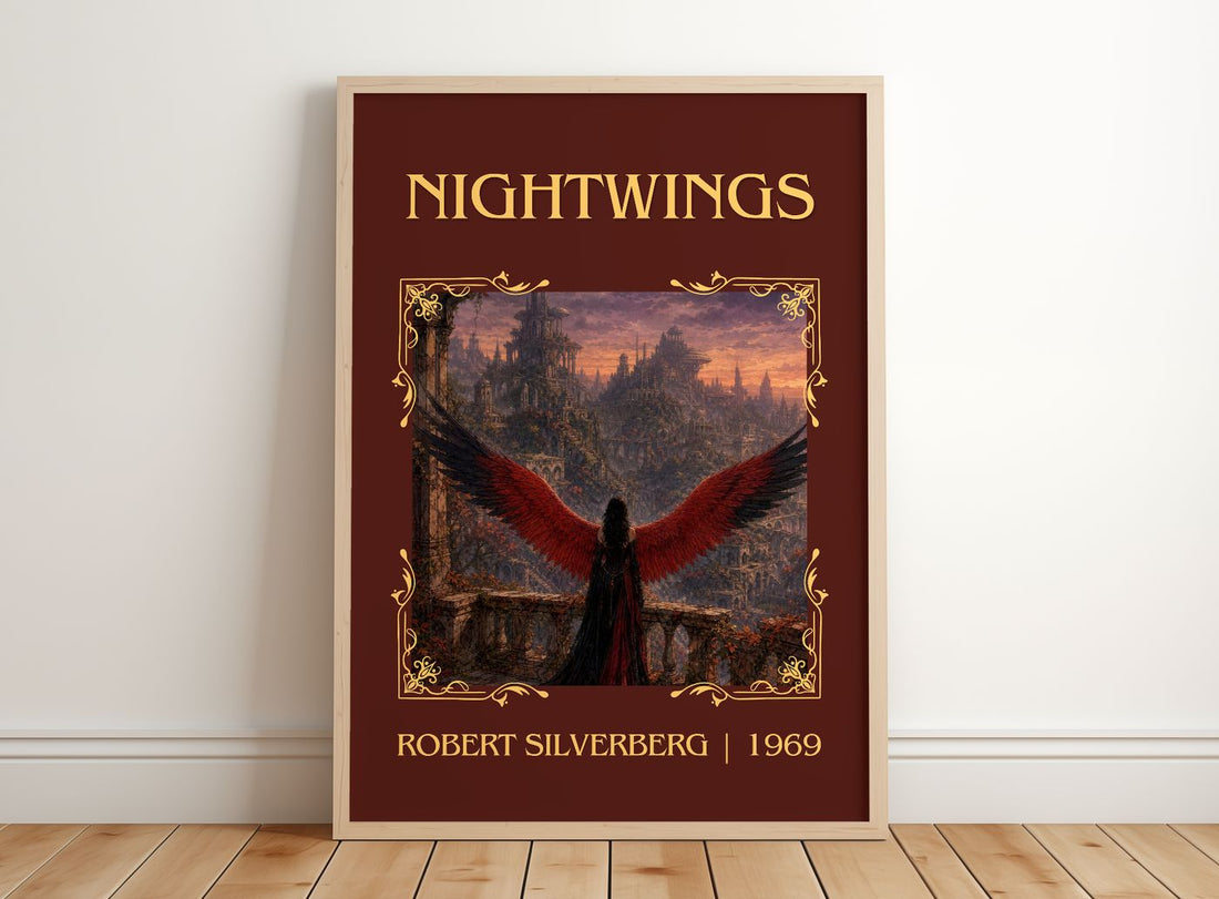 Nightwings Classic Book Art Print by Robert Silverberg – framed print leaning on a wooden floor
