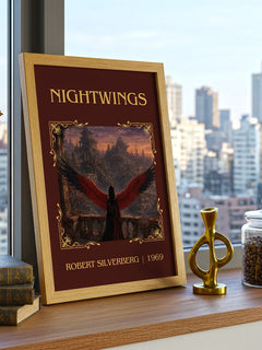 Nightwings Classic Book Art Print by Robert Silverberg – framed print on a city-view windowsill