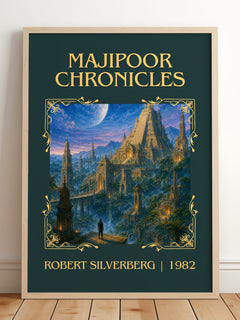 Majipoor Chronicles Classic Book Art Print by Robert Silverberg – framed print leaning on a wooden floor