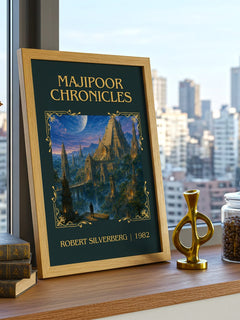 Majipoor Chronicles Classic Book Art Print by Robert Silverberg – framed print on a city-view windowsill
